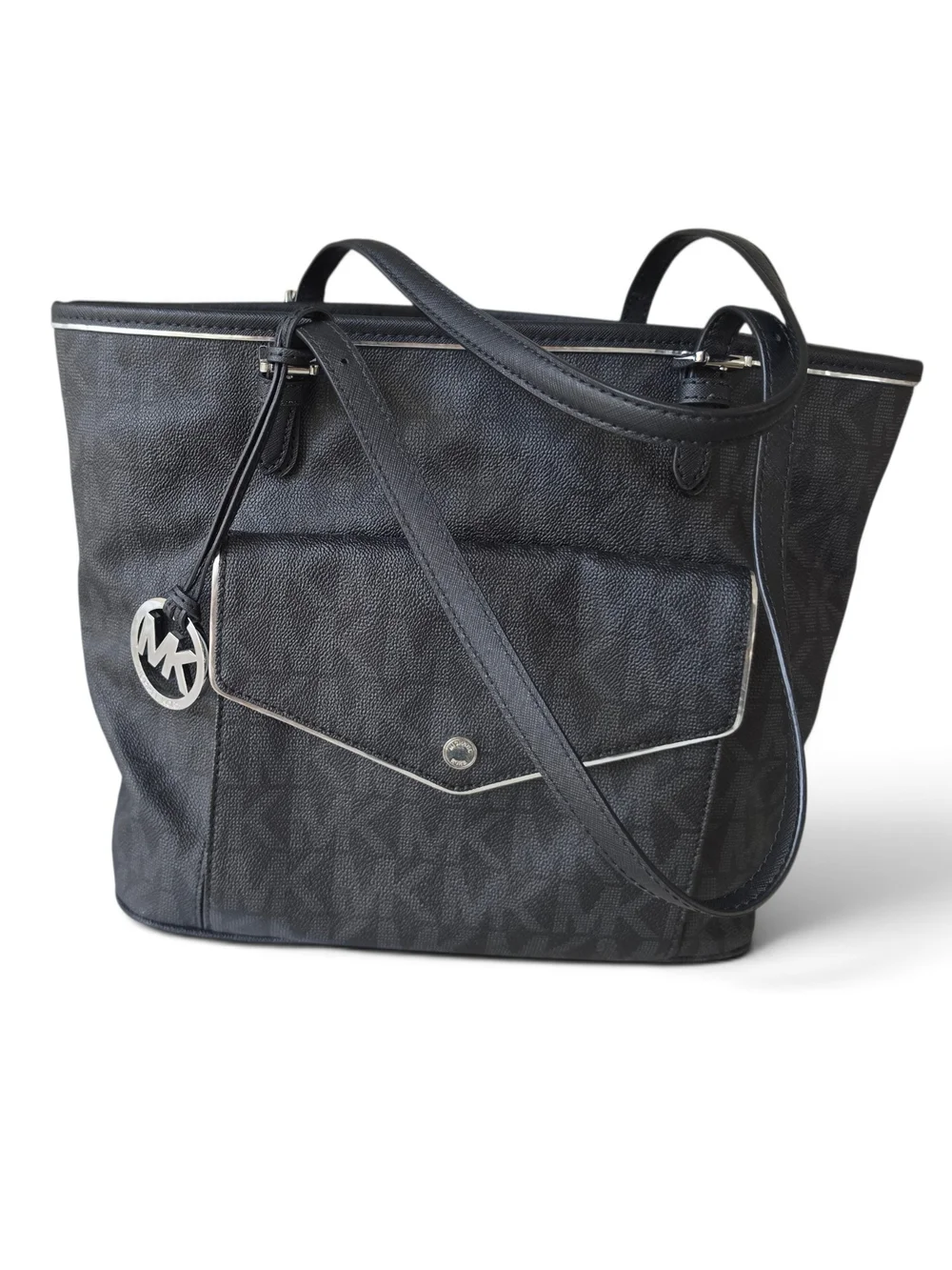 Michael Kors Black MK Logo Tote with Front Pocket and Silver Charm